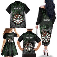 Personalised New Zealand Darts Family Matching Off The Shoulder Long Sleeve Dress and Hawaiian Shirt Dartboard Maori Fern Puhoro Art