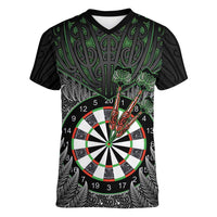 Personalised New Zealand Darts Women V-Neck T-Shirt Dartboard Maori Fern Puhoro Art