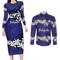Personalised Cook Islands Pukapuka Couples Matching Long Sleeve Bodycon Dress and Long Sleeve Button Shirt Tiare Maori Polynesian Waves Tattoo LT14 Blue - Polynesian Pride