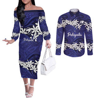 Personalised Cook Islands Pukapuka Couples Matching Off The Shoulder Long Sleeve Dress and Long Sleeve Button Shirt Tiare Maori Polynesian Waves Tattoo LT14 Blue - Polynesian Pride
