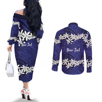 Personalised Cook Islands Pukapuka Couples Matching Off The Shoulder Long Sleeve Dress and Long Sleeve Button Shirt Tiare Maori Polynesian Waves Tattoo LT14 - Polynesian Pride