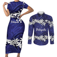 Personalised Cook Islands Pukapuka Couples Matching Short Sleeve Bodycon Dress and Long Sleeve Button Shirt Tiare Maori Polynesian Waves Tattoo LT14 Blue - Polynesian Pride
