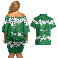 Personalised Cook Islands Rarotonga Couples Matching Off Shoulder Short Dress and Hawaiian Shirt Tiare Maori Polynesian Waves Tattoo LT14 - Polynesian Pride
