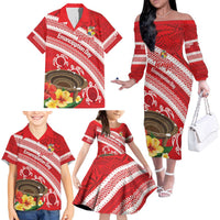 Kingdom Of Tonga Emancipation Day Family Matching Off The Shoulder Long Sleeve Dress and Hawaiian Shirt Tongan Ngatu With Kumete Red LT14 - Polynesian Pride