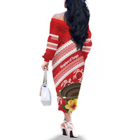 Kingdom Of Tonga Emancipation Day Family Matching Off The Shoulder Long Sleeve Dress and Hawaiian Shirt Tongan Ngatu With Kumete Red LT14 - Polynesian Pride
