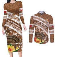 Kingdom Of Tonga Emancipation Day Couples Matching Long Sleeve Bodycon Dress and Long Sleeve Button Shirt Tongan Ngatu With Kumete Brown LT14 Brown - Polynesian Pride