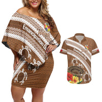 Kingdom Of Tonga Emancipation Day Couples Matching Off Shoulder Short Dress and Hawaiian Shirt Tongan Ngatu With Kumete Brown