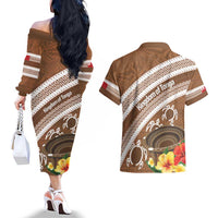Kingdom Of Tonga Emancipation Day Couples Matching Off The Shoulder Long Sleeve Dress and Hawaiian Shirt Tongan Ngatu With Kumete Brown LT14 - Polynesian Pride