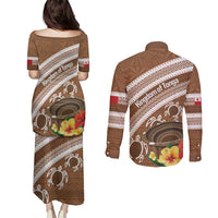 Kingdom Of Tonga Emancipation Day Couples Matching Puletasi and Long Sleeve Button Shirt Tongan Ngatu With Kumete Brown LT14 - Polynesian Pride