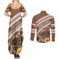 Kingdom Of Tonga Emancipation Day Couples Matching Summer Maxi Dress and Long Sleeve Button Shirt Tongan Ngatu With Kumete Brown LT14 - Polynesian Pride