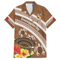Kingdom Of Tonga Emancipation Day Family Matching Off The Shoulder Long Sleeve Dress and Hawaiian Shirt Tongan Ngatu With Kumete Brown LT14 Dad's Shirt - Short Sleeve Brown - Polynesian Pride