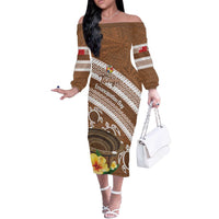 Kingdom Of Tonga Emancipation Day Off The Shoulder Long Sleeve Dress Tongan Ngatu With Kumete Brown