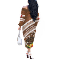 Kingdom Of Tonga Emancipation Day Off The Shoulder Long Sleeve Dress Tongan Ngatu With Kumete Brown
