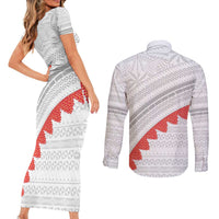 Tonga White Sunday Couples Matching Short Sleeve Bodycon Dress and Long Sleeve Button Shirt Heilala Flowers Tongan Ngatu Pattern