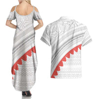 Tonga White Sunday Couples Matching Summer Maxi Dress and Hawaiian Shirt Heilala Flowers Tongan Ngatu Pattern