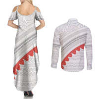 Tonga White Sunday Couples Matching Summer Maxi Dress and Long Sleeve Button Shirt Heilala Flowers Tongan Ngatu Pattern