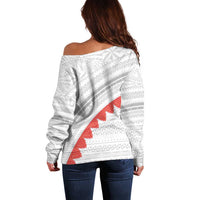 Tonga White Sunday Off Shoulder Sweater Heilala Flowers Tongan Ngatu Pattern