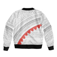 Tonga White Sunday Sleeve Zip Bomber Jacket Heilala Flowers Tongan Ngatu Pattern