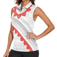 Tonga White Sunday Women Sleeveless Polo Shirt Heilala Flowers Tongan Ngatu Pattern