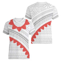 Tonga White Sunday Women V-Neck T-Shirt Heilala Flowers Tongan Ngatu Pattern