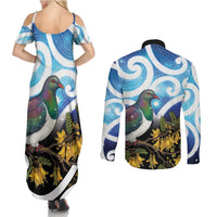 Kekeru New Zealand Matariki Couples Matching Summer Maxi Dress and Long Sleeve Button Shirt Kukupa Kowhai Maori New Year Blue Version LT14 - Polynesian Pride