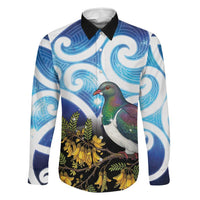 Kekeru New Zealand Matariki Family Matching Off Shoulder Maxi Dress and Hawaiian Shirt Kukupa Kowhai Maori New Year Blue Version LT14 Dad's Shirt - Long Sleeve Blue - Polynesian Pride