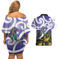 Kekeru New Zealand Matariki Couples Matching Off Shoulder Short Dress and Hawaiian Shirt Kukupa Kowhai Maori New Year Purple Version LT14 - Polynesian Pride