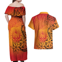 French Polynesia Manta Ray Tattoo Couples Matching Off Shoulder Maxi Dress and Hawaiian Shirt Tahiti Hahalua Tiare Maori Gradient Style LT14 - Polynesian Pride
