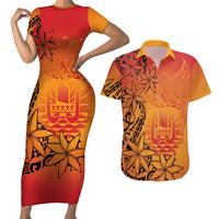 French Polynesia Manta Ray Tattoo Couples Matching Short Sleeve Bodycon Dress and Hawaiian Shirt Tahiti Hahalua Tiare Maori Gradient Style LT14 Orange - Polynesian Pride