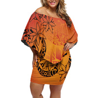 French Polynesia Manta Ray Tattoo Family Matching Off Shoulder Short Dress and Hawaiian Shirt Tahiti Hahalua Tiare Maori Gradient Style LT14 Mom's Dress Orange - Polynesian Pride
