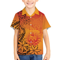 French Polynesia Manta Ray Tattoo Family Matching Off Shoulder Short Dress and Hawaiian Shirt Tahiti Hahalua Tiare Maori Gradient Style LT14 Son's Shirt Orange - Polynesian Pride