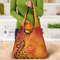 French Polynesia Manta Ray Tattoo Grocery Bag Tahiti Hahalua Tiare Maori Gradient Style