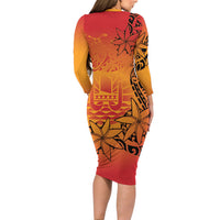 French Polynesia Manta Ray Tattoo Long Sleeve Bodycon Dress Tahiti Hahalua Tiare Maori Gradient Style