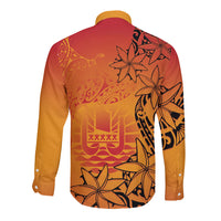 French Polynesia Manta Ray Tattoo Long Sleeve Button Shirt Tahiti Hahalua Tiare Maori Gradient Style