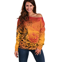 French Polynesia Manta Ray Tattoo Off Shoulder Sweater Tahiti Hahalua Tiare Maori Gradient Style