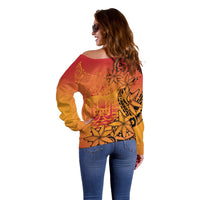 French Polynesia Manta Ray Tattoo Off Shoulder Sweater Tahiti Hahalua Tiare Maori Gradient Style
