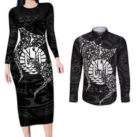 French Polynesia Manta Ray Tattoo Couples Matching Long Sleeve Bodycon Dress and Long Sleeve Button Shirt Tahiti Hahalua Turtle Shark Black Color LT14 Black - Polynesian Pride