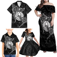 French Polynesia Manta Ray Tattoo Family Matching Off Shoulder Maxi Dress and Hawaiian Shirt Tahiti Hahalua Turtle Shark Black Color LT14 - Polynesian Pride