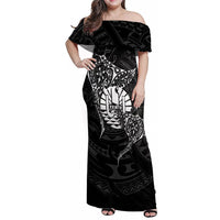 French Polynesia Manta Ray Tattoo Family Matching Off Shoulder Maxi Dress and Hawaiian Shirt Tahiti Hahalua Turtle Shark Black Color LT14 Mom's Dress Black - Polynesian Pride