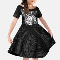 French Polynesia Manta Ray Tattoo Kid Short Sleeve Dress Tahiti Hahalua Turtle Shark Black Color
