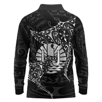 French Polynesia Manta Ray Tattoo Long Sleeve Polo Shirt Tahiti Hahalua Turtle Shark Black Color