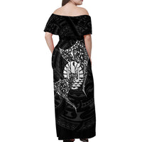 French Polynesia Manta Ray Tattoo Off Shoulder Maxi Dress Tahiti Hahalua Turtle Shark Black Color