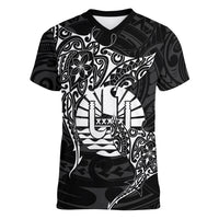 French Polynesia Manta Ray Tattoo Women V-Neck T-Shirt Tahiti Hahalua Turtle Shark Black Color LT14 Female Black - Polynesian Pride