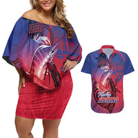 Guam Blue Marlin Fishing Couples Matching Off Shoulder Short Dress and Hawaiian Shirt Guahan Fish Hook Tattoo