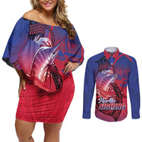 Guam Blue Marlin Fishing Couples Matching Off Shoulder Short Dress and Long Sleeve Button Shirt Guahan Fish Hook Tattoo