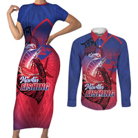 Guam Blue Marlin Fishing Couples Matching Short Sleeve Bodycon Dress and Long Sleeve Button Shirt Guahan Fish Hook Tattoo