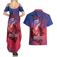 Guam Blue Marlin Fishing Couples Matching Summer Maxi Dress and Hawaiian Shirt Guahan Fish Hook Tattoo