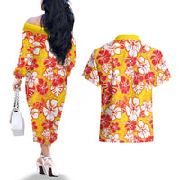Yellow Hawaii Hibiscus Couples Matching Off The Shoulder Long Sleeve Dress and Hawaiian Shirt Tropical Flowers Seamless Pattern - Polynesian Pride