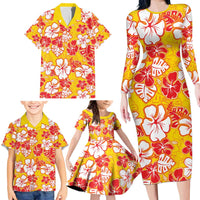 Yellow Hawaii Hibiscus Family Matching Long Sleeve Bodycon Dress and Hawaiian Shirt Tropical Flowers Seamless Pattern LT14 - Polynesian Pride