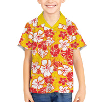 Yellow Hawaii Hibiscus Family Matching Off The Shoulder Long Sleeve Dress and Hawaiian Shirt Tropical Flowers Seamless Pattern - Polynesian Pride